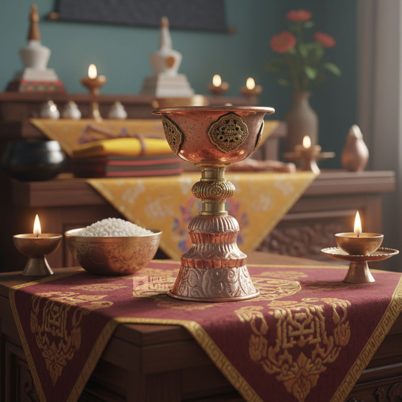 Copper Butter Lamp with Brass Carving