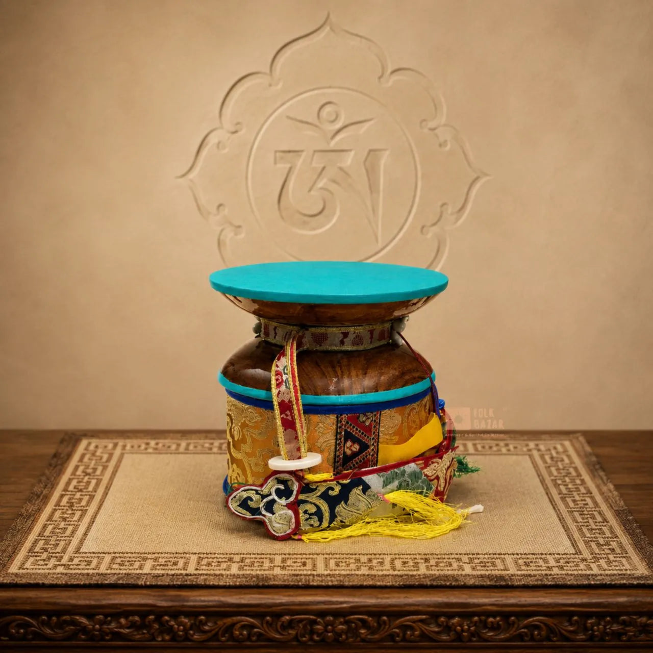 Handmade Wooden Round Damaru (Damru) with Chopens and Cover
