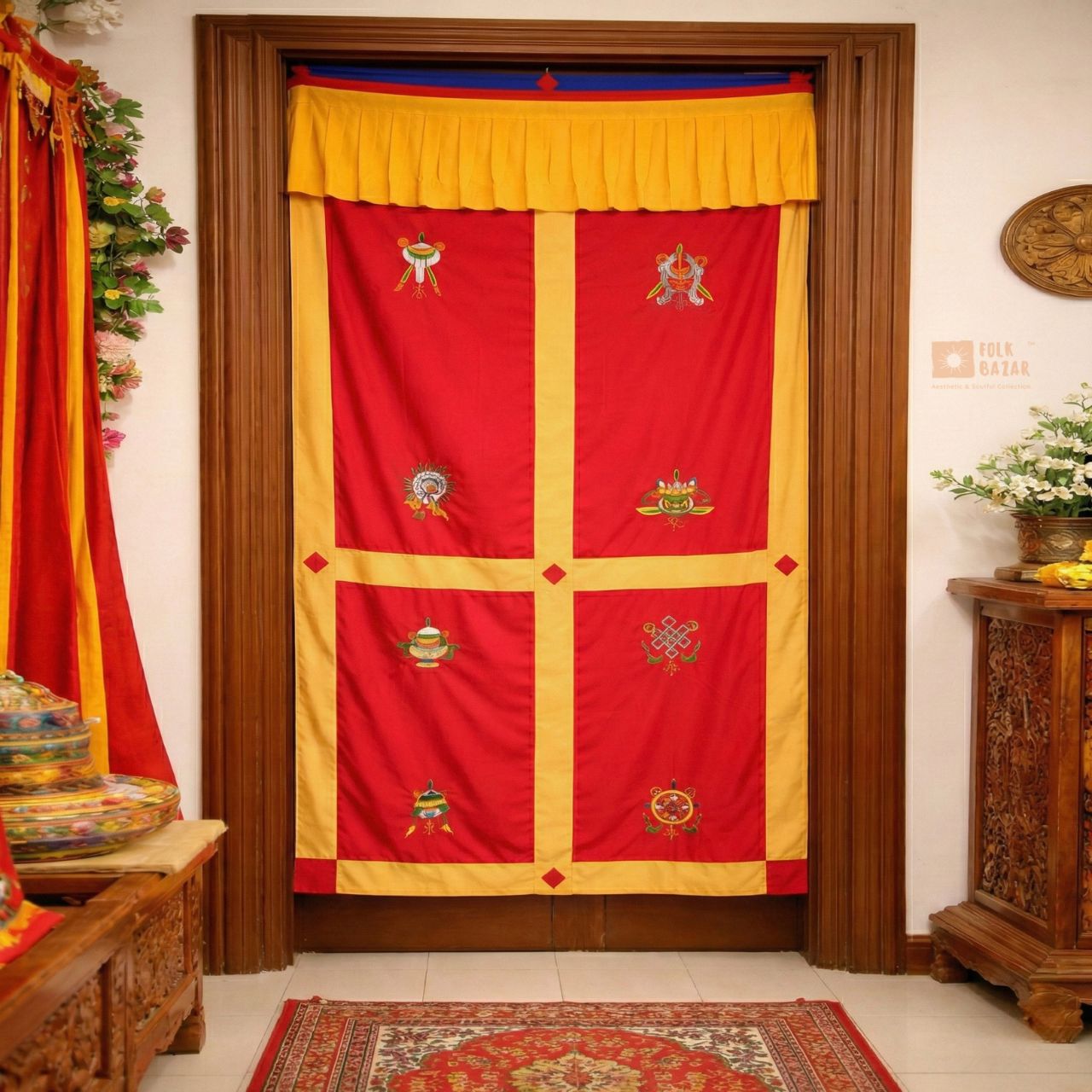 Tibetan Buddhist Eight Lucky Signs Printed Cotton Door Curtain