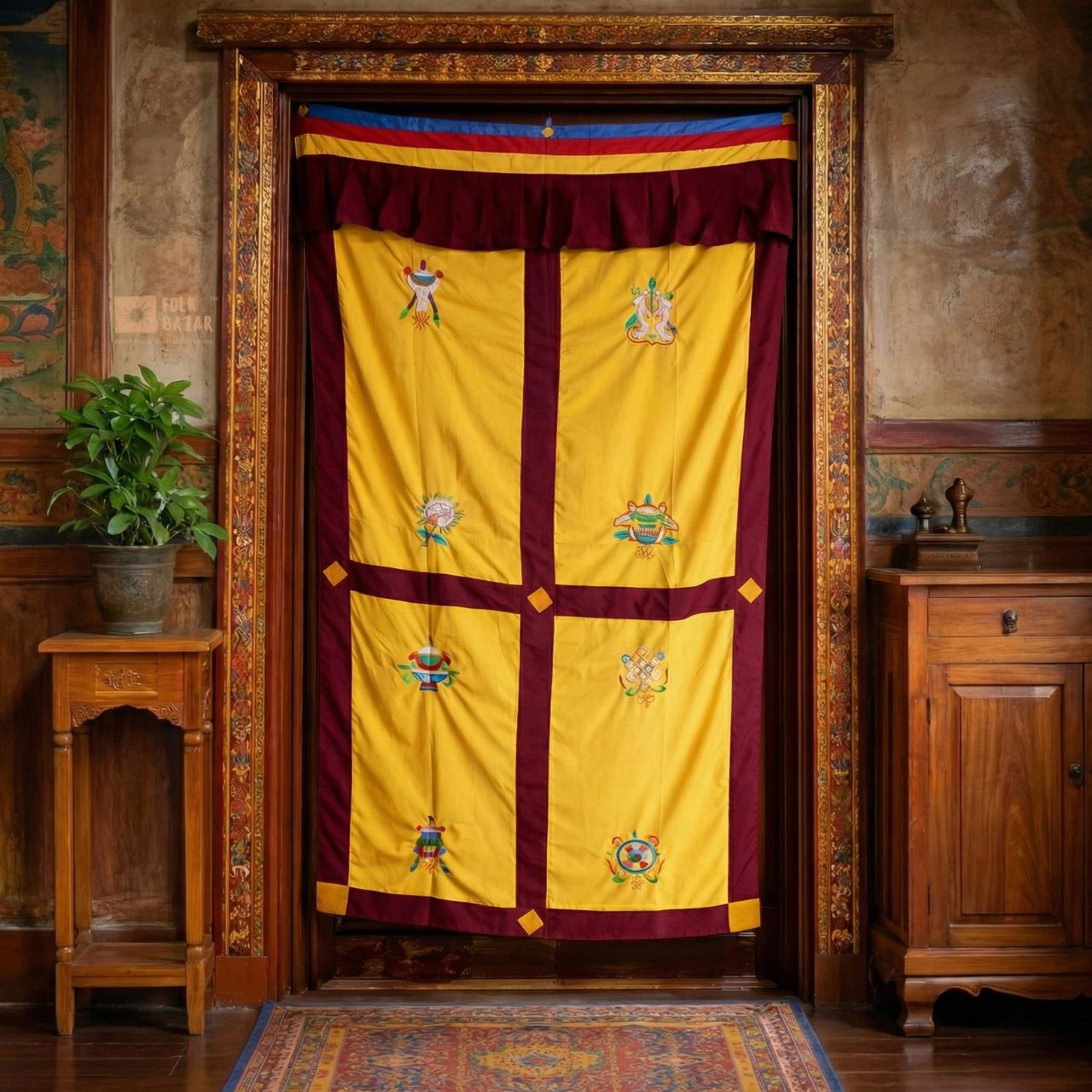 Tibetan Buddhist Eight Lucky Signs Printed Cotton Door Curtain