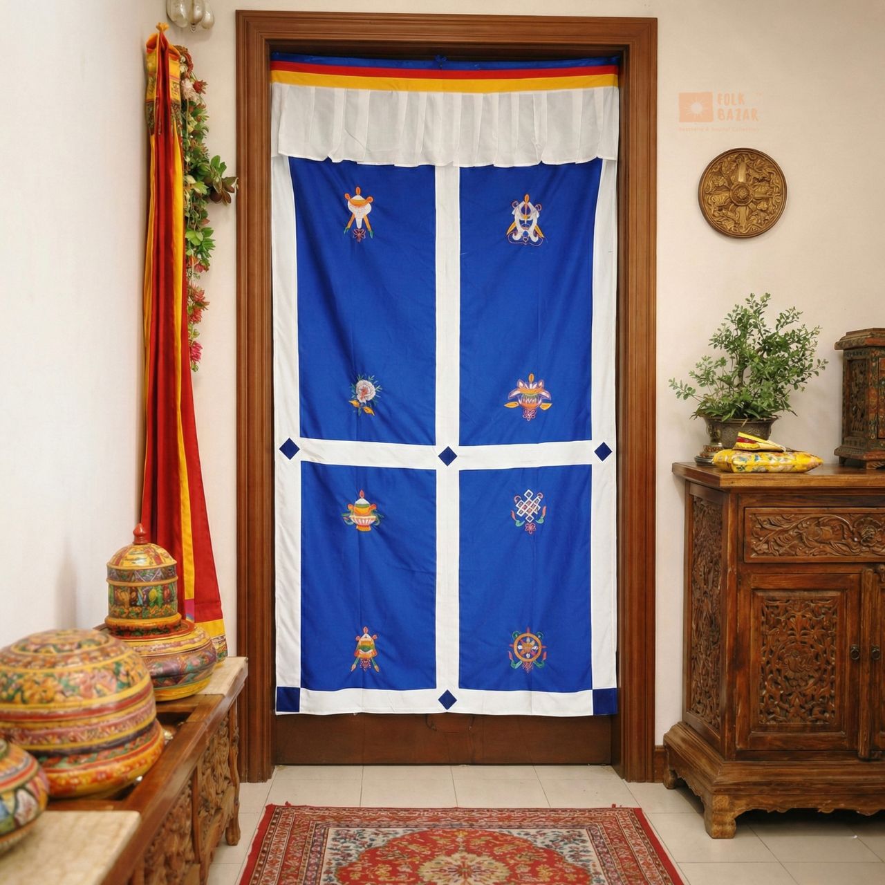 Tibetan Buddhist Eight Lucky Signs Printed Cotton Door Curtain
