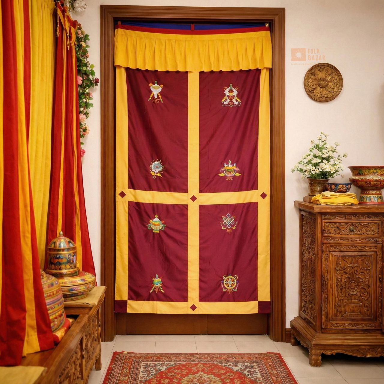 Tibetan Buddhist Eight Lucky Signs Printed Cotton Door Curtain