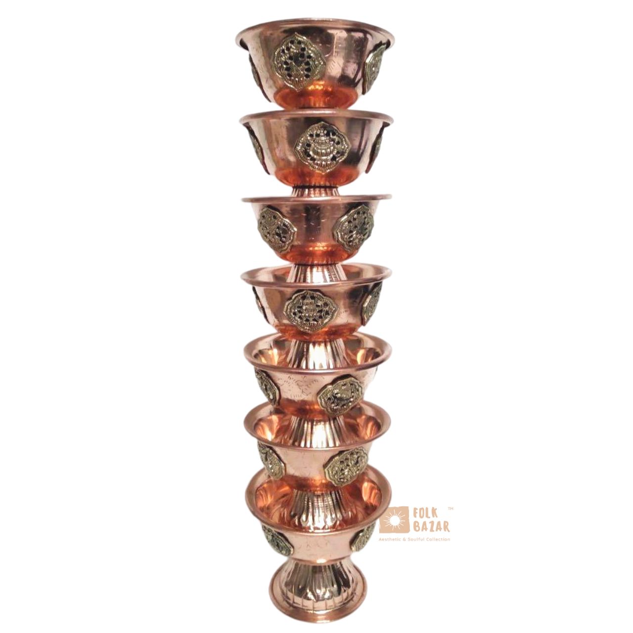 Carved Copper Ting (Offering bowl) with Base (Set of 7)