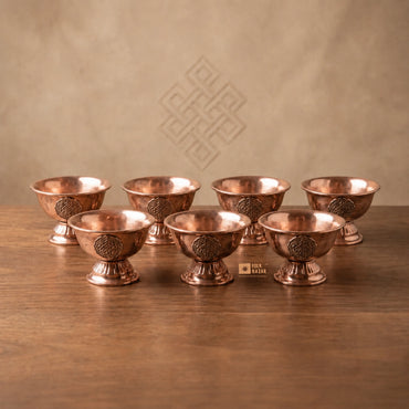 Carved Copper Ting (Offering bowl) with Base (Set of 7)
