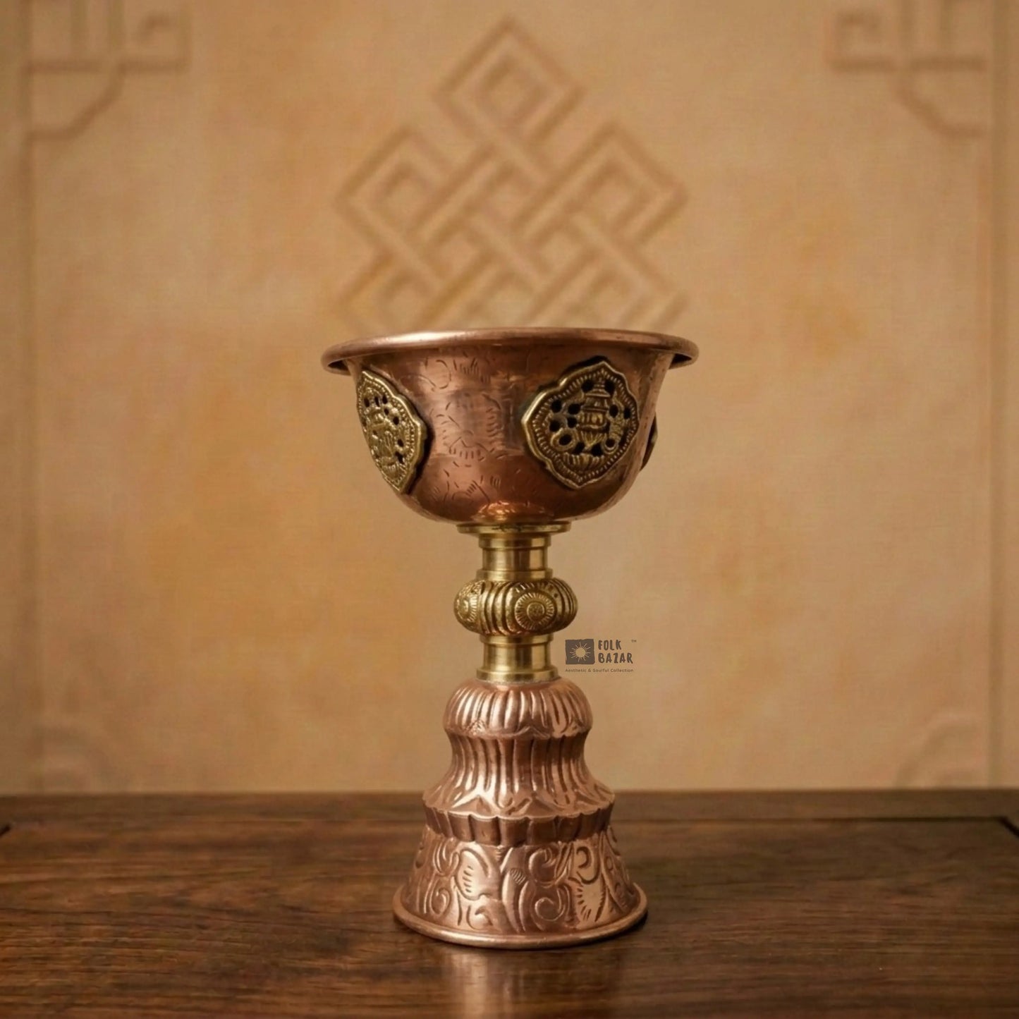 Copper Butter Lamp with Brass Carving
