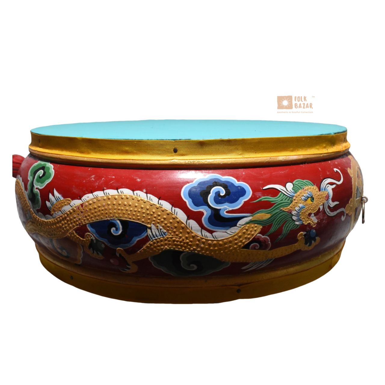 Handmade Wooden Painted Dhangro (Nga Drum) with Foldable Handles & Sung Inside