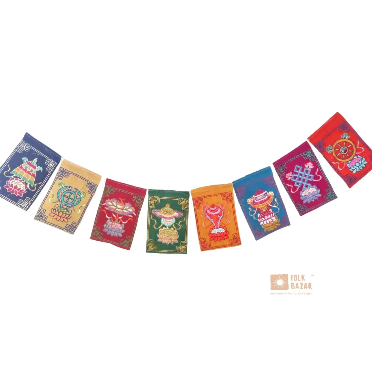 Velvet Eight Lucky Symbols Embroidered Prayer Flag (for Scooty/Bike)