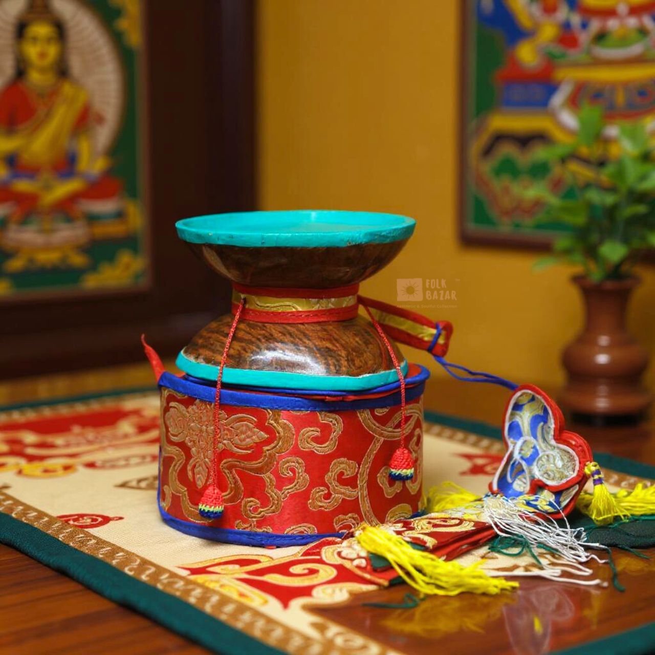 Handmade Wooden 3 Sided Damaru (Damru) with Chopens and Cover