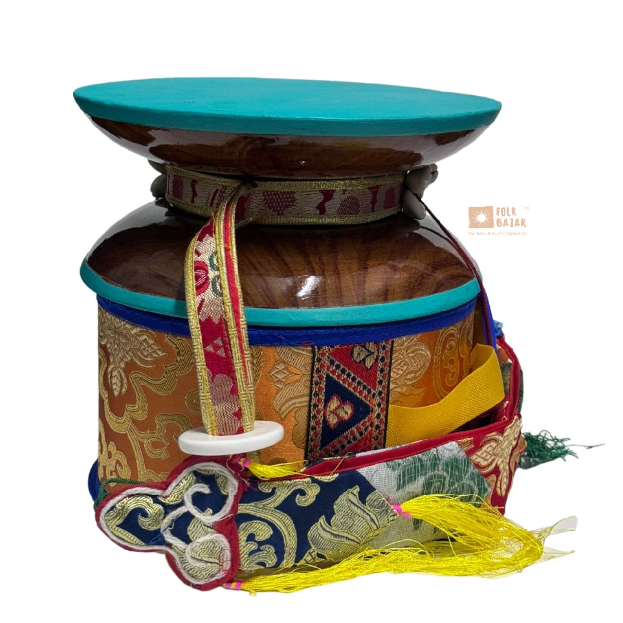 Handmade Wooden Round Damaru (Damru) with Chopens and Cover