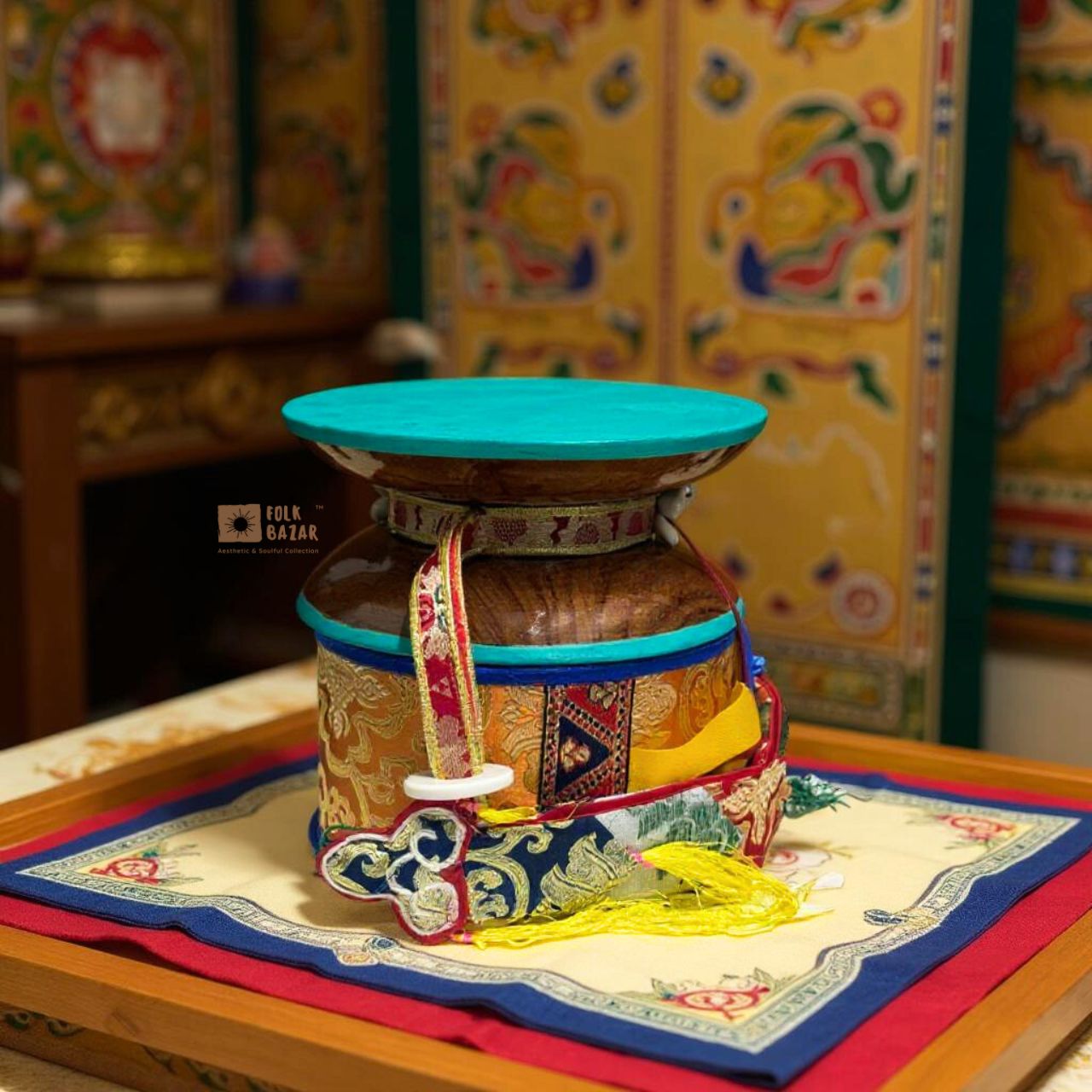Handmade Wooden Round Damaru (Damru) with Chopens and Cover