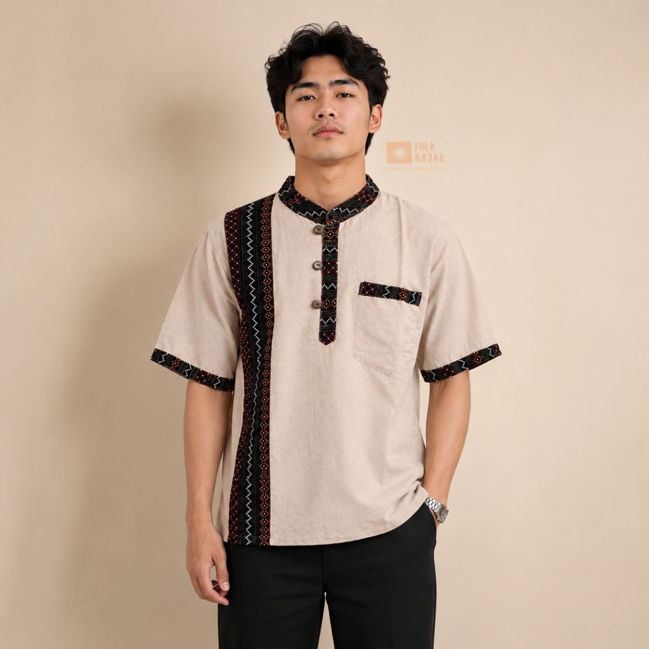 Men Newari Shirt - Beige