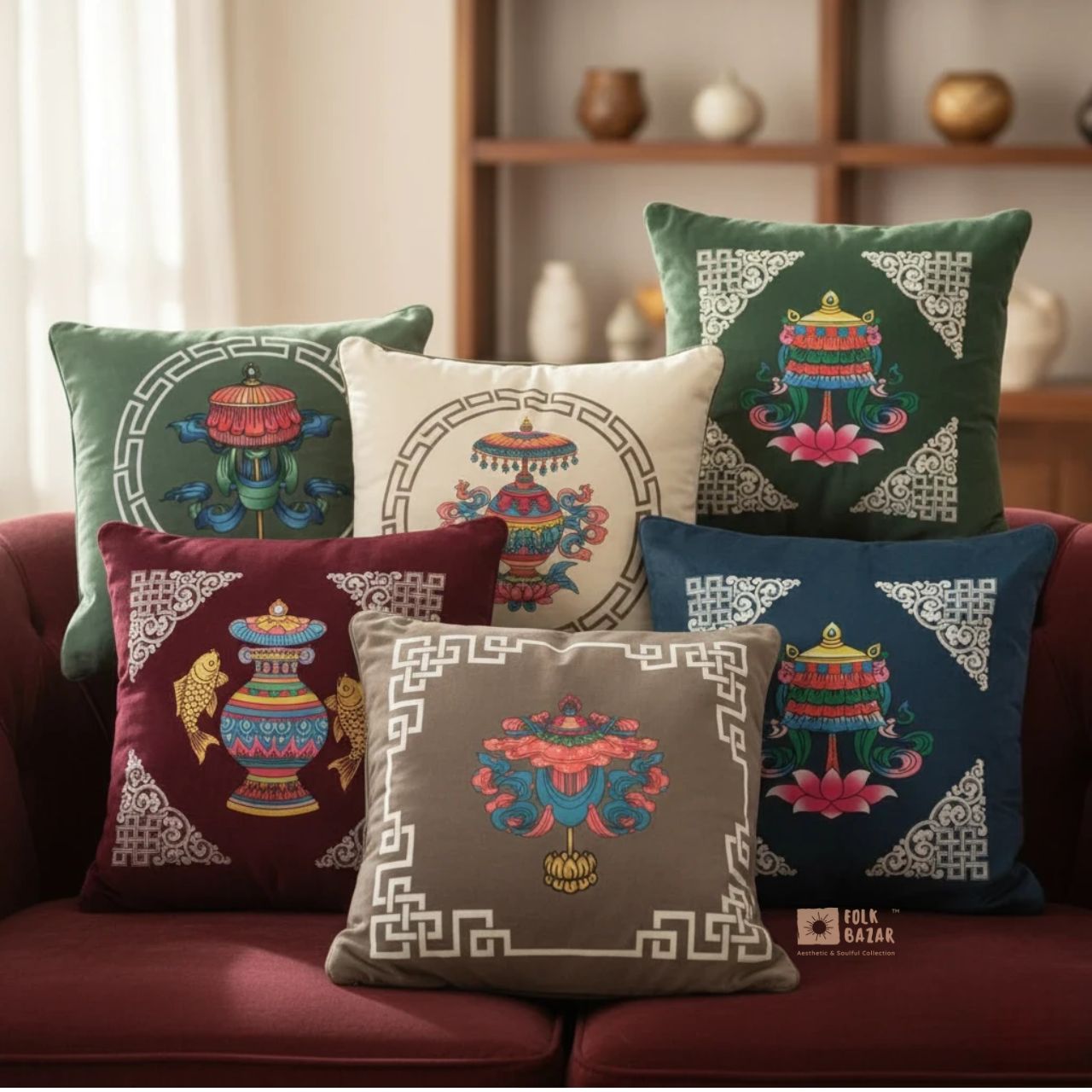 Set of Eight Lucky Signs Cushion Cover (available in 5 colors)