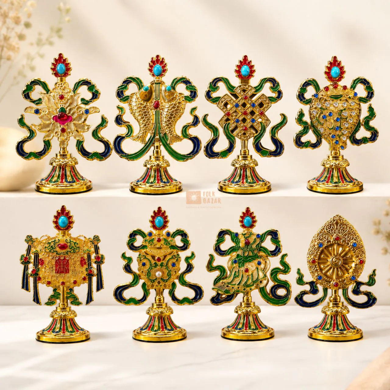 Set of 8 Auspicious Tibetan Symbols Showpieces