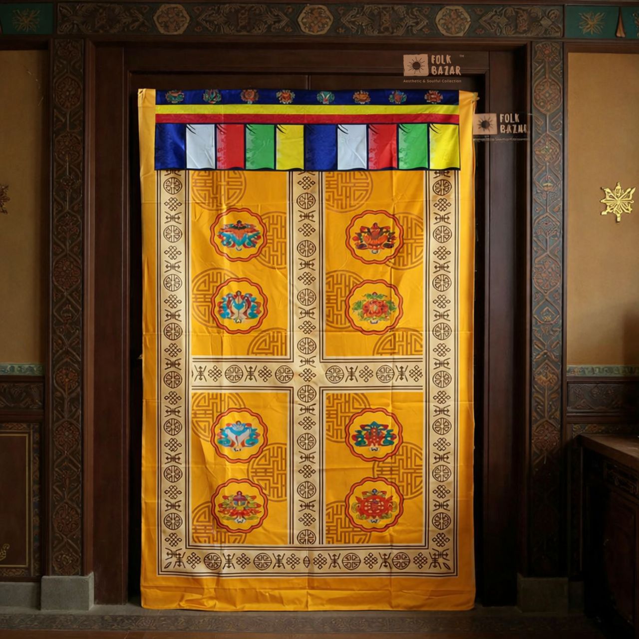 Tibetan Buddhist Eight Lucky Signs Printed Satin Door Curtain