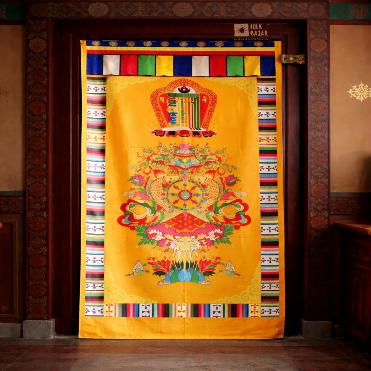 Tibetan Buddhist Eight Lucky Signs Printed Satin Door Curtain