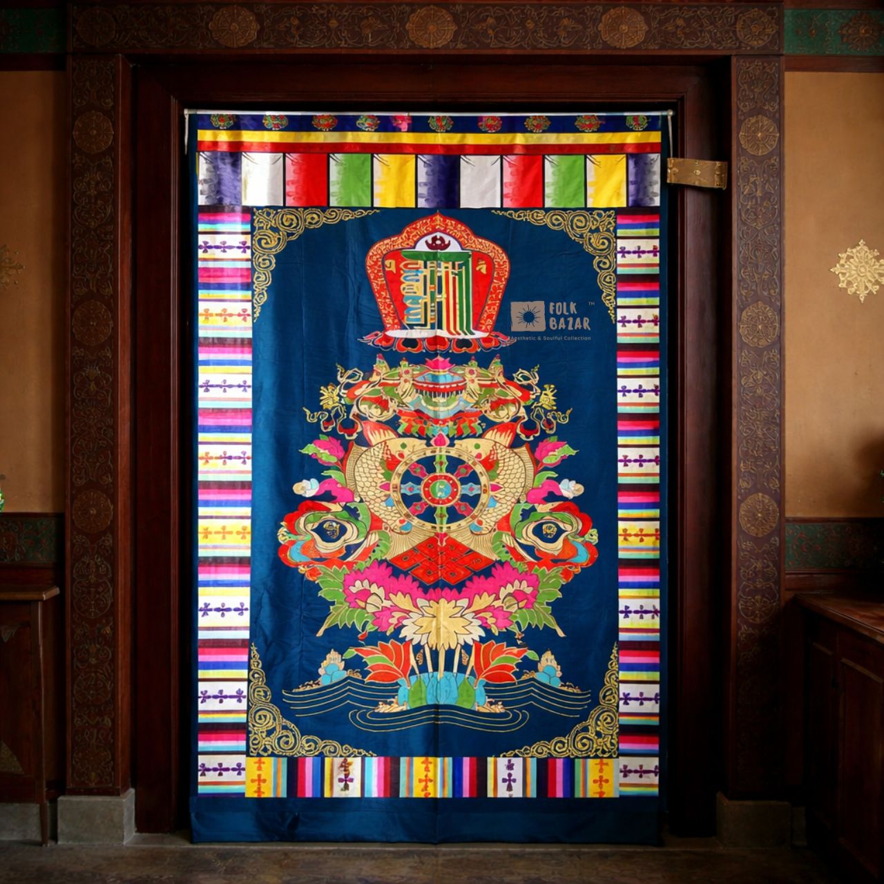 Tibetan Buddhist Eight Lucky Signs Printed Satin Door Curtain