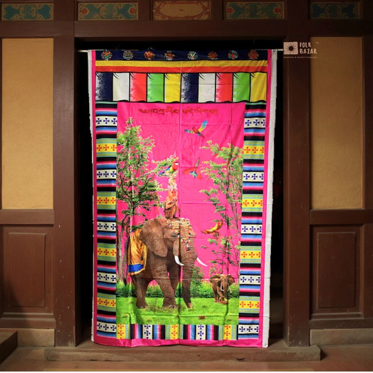Tibetan Buddhist Four Harmonious Friends Printed Satin Door Curtain