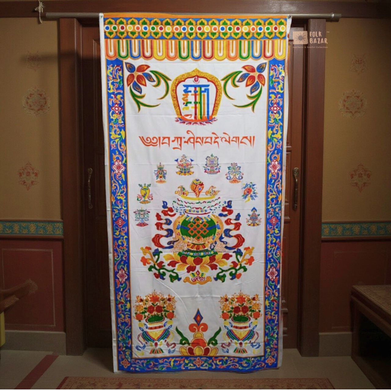 Tibetan Buddhist Eight Lucky Signs Printed Cotton Door Curtain