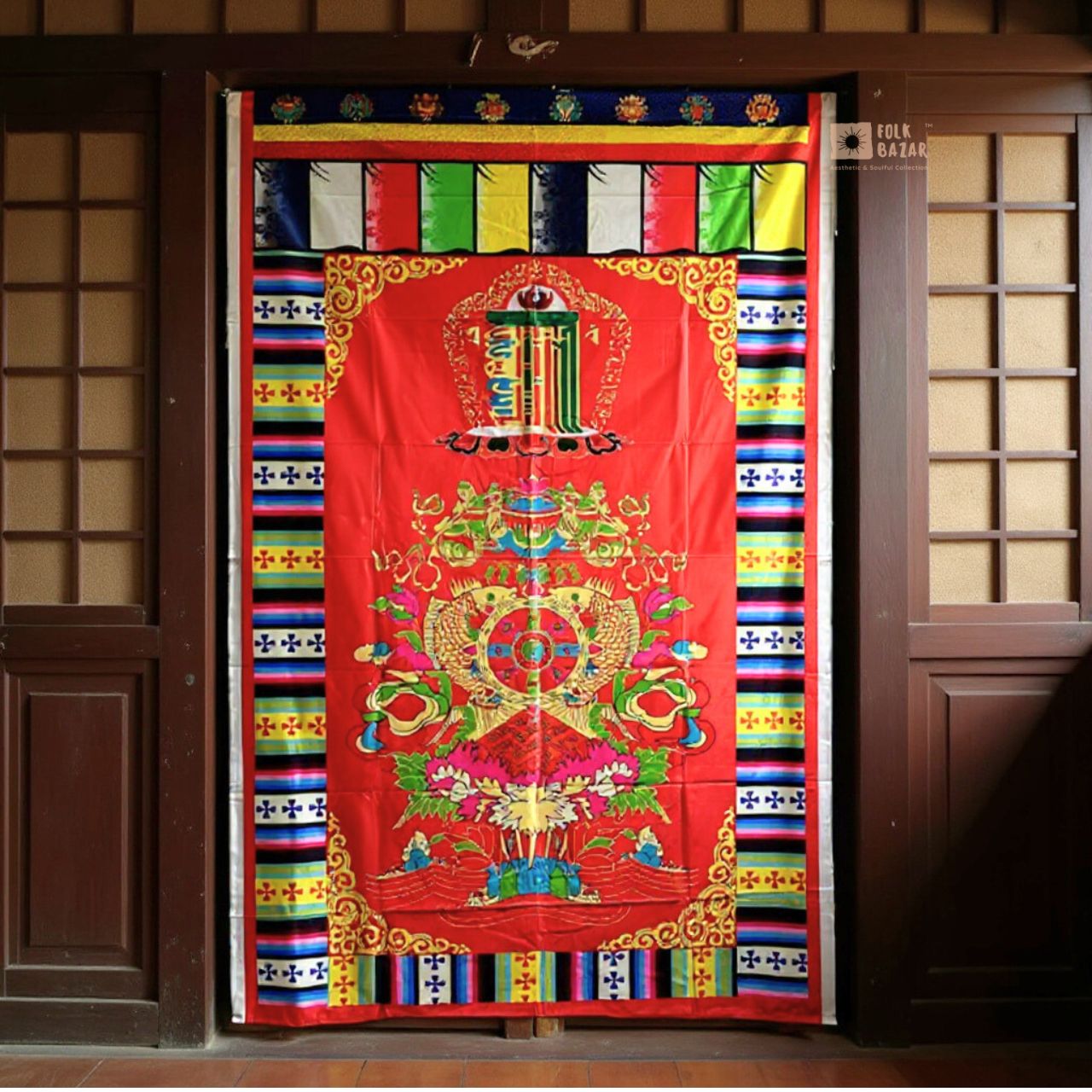 Tibetan Buddhist Eight Lucky Signs Printed Satin Door Curtain