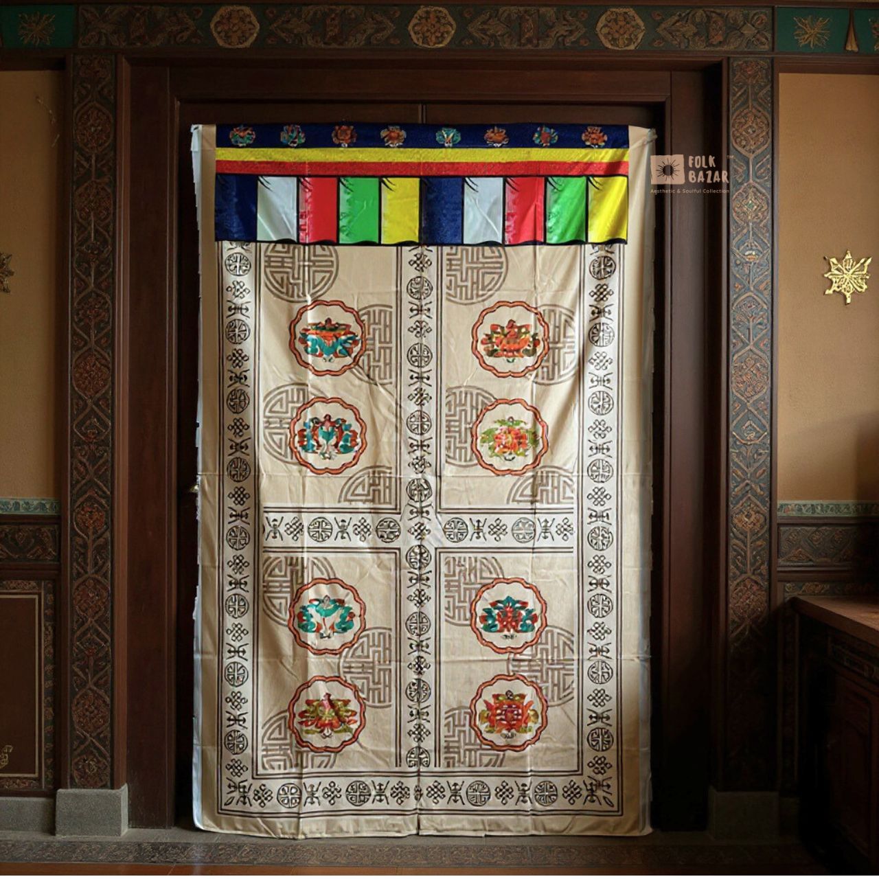 Tibetan Buddhist Eight Lucky Signs Printed Satin Door Curtain
