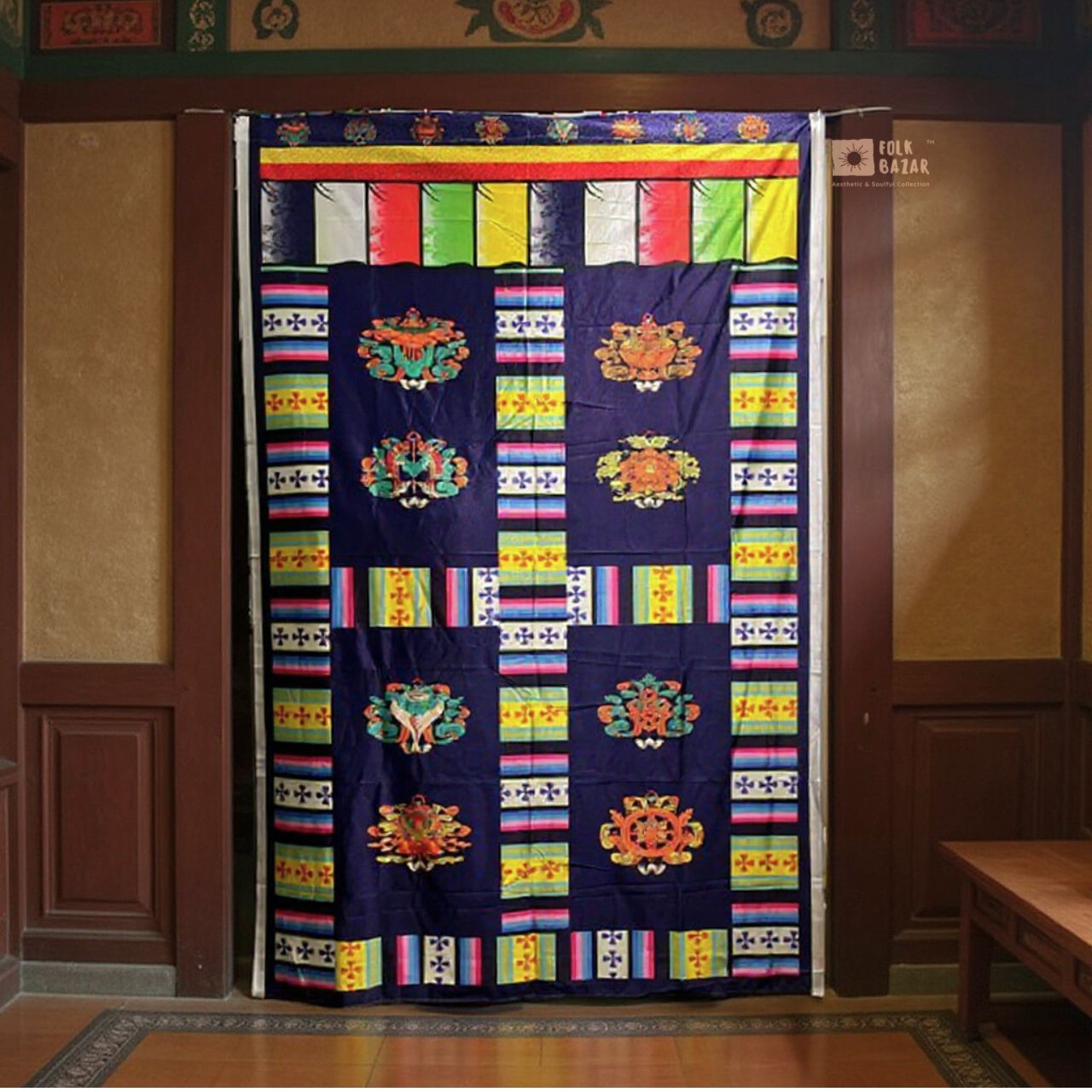 Tibetan Buddhist Eight Lucky Signs Printed Satin Door Curtain