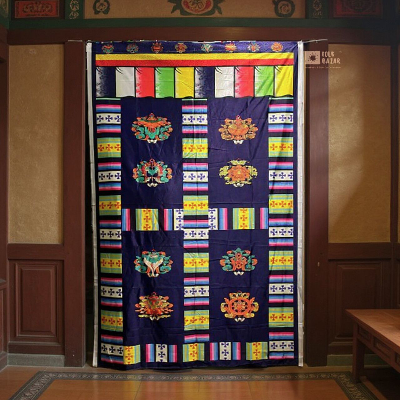 Tibetan Buddhist Eight Lucky Signs Printed Satin Door Curtain