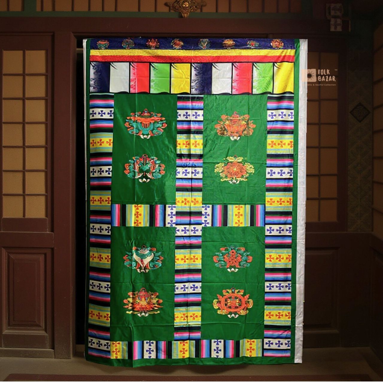 Tibetan Buddhist Eight Lucky Signs Printed Satin Door Curtain