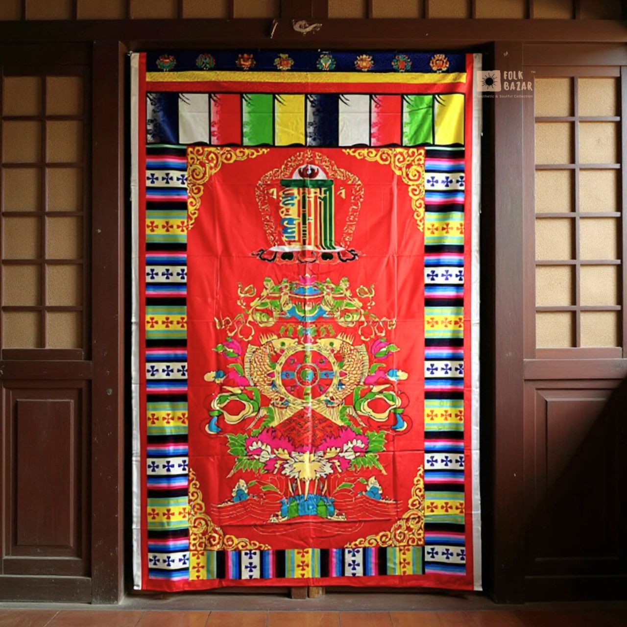 Tibetan Buddhist Eight Lucky Signs Printed Satin Door Curtain