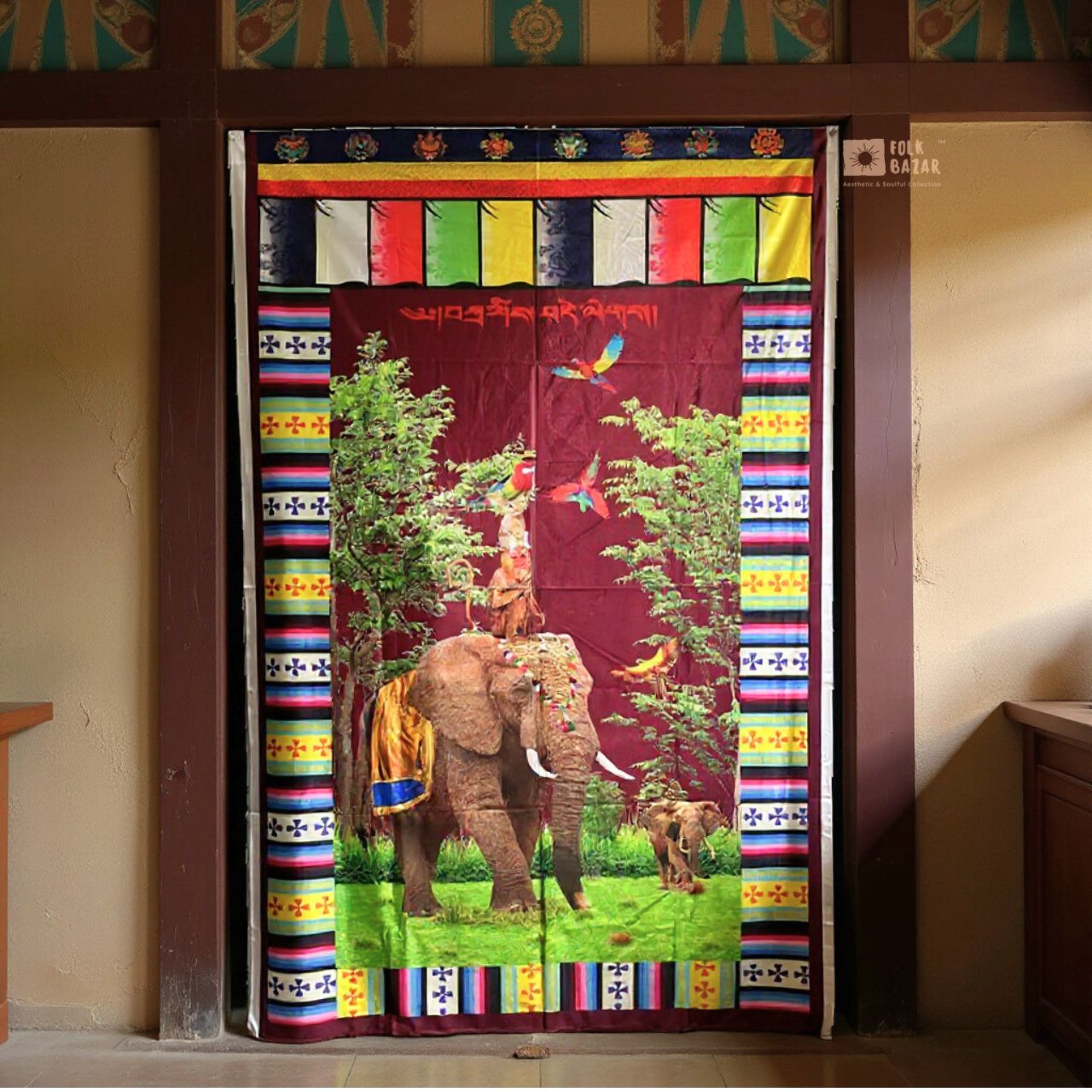 Tibetan Buddhist Four Harmonious Friends Printed Satin Door Curtain