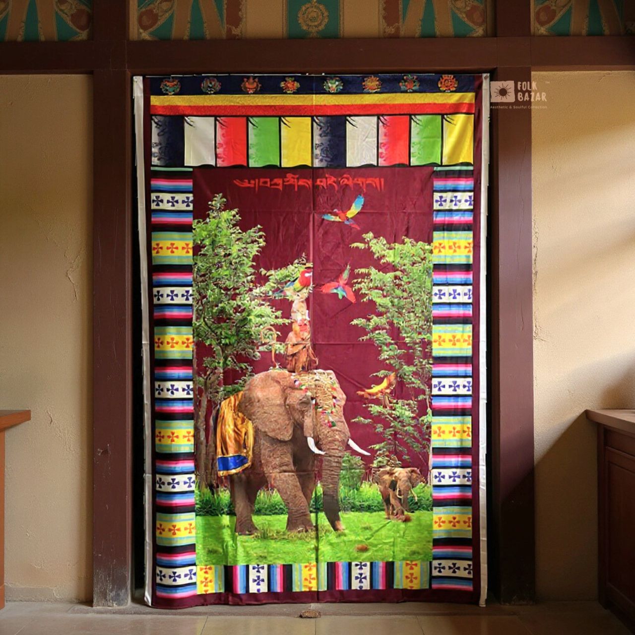 Tibetan Buddhist Four Harmonious Friends Printed Satin Door Curtain