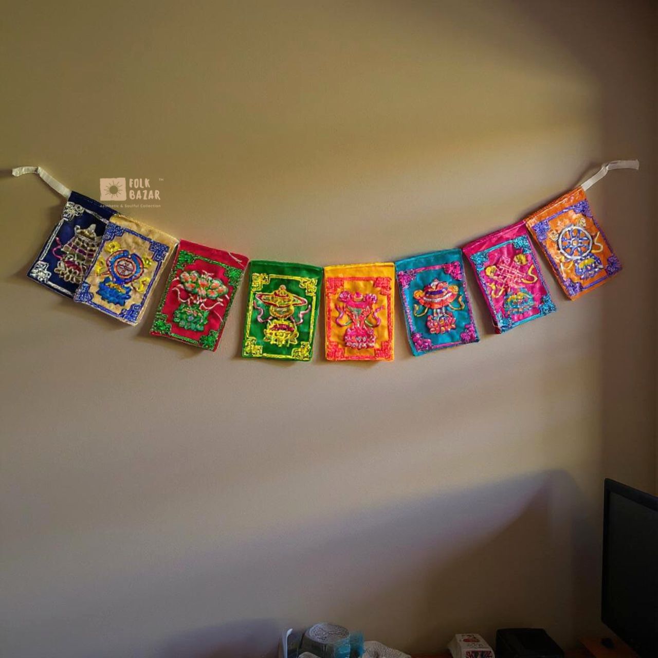 Velvet Eight Lucky Symbols Embroidered Prayer Flag (for Scooty/Bike)