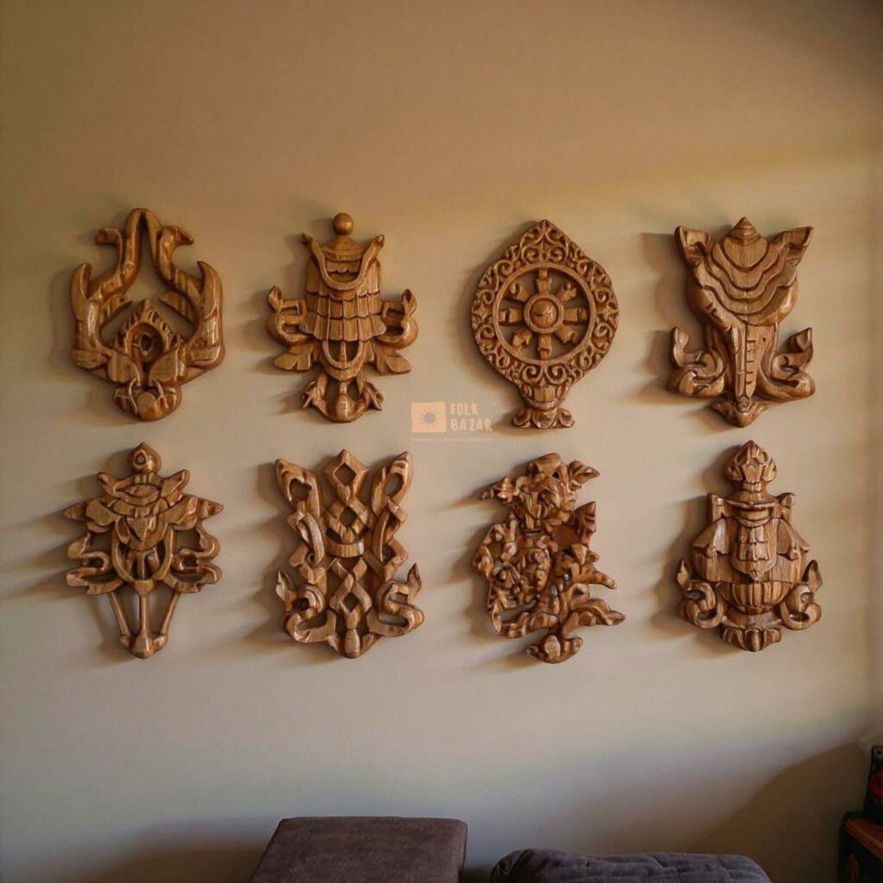Wooded Polished Tashi Tagye (Eight Lucky) Signs